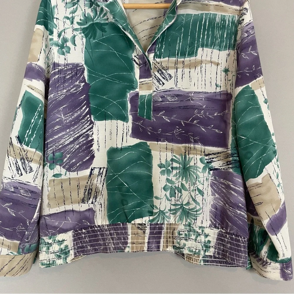 Vintage Blouse Women Abstract Tropical Polo Long Sleeve‎ Collar Shirred Smocked